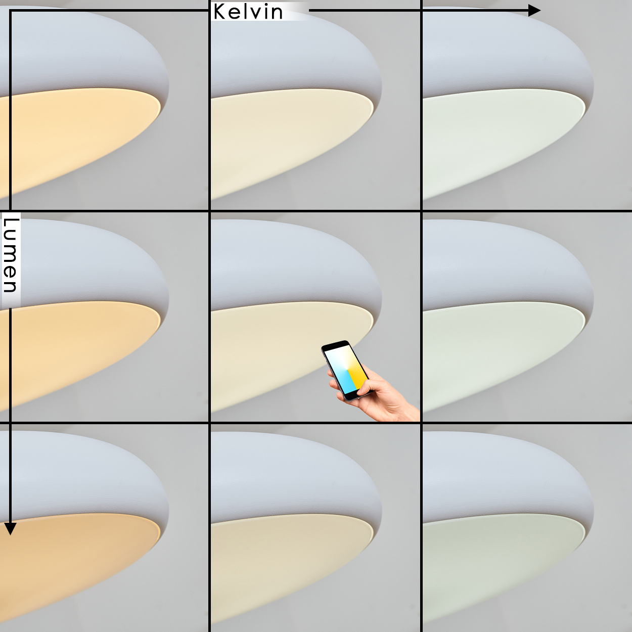 Neun Bilder von Lampen mit unterschiedlichen Kelvin- und Lumen-Einstellungen. Eine Hand hält ein Telefon, um Helligkeit zu steuern.