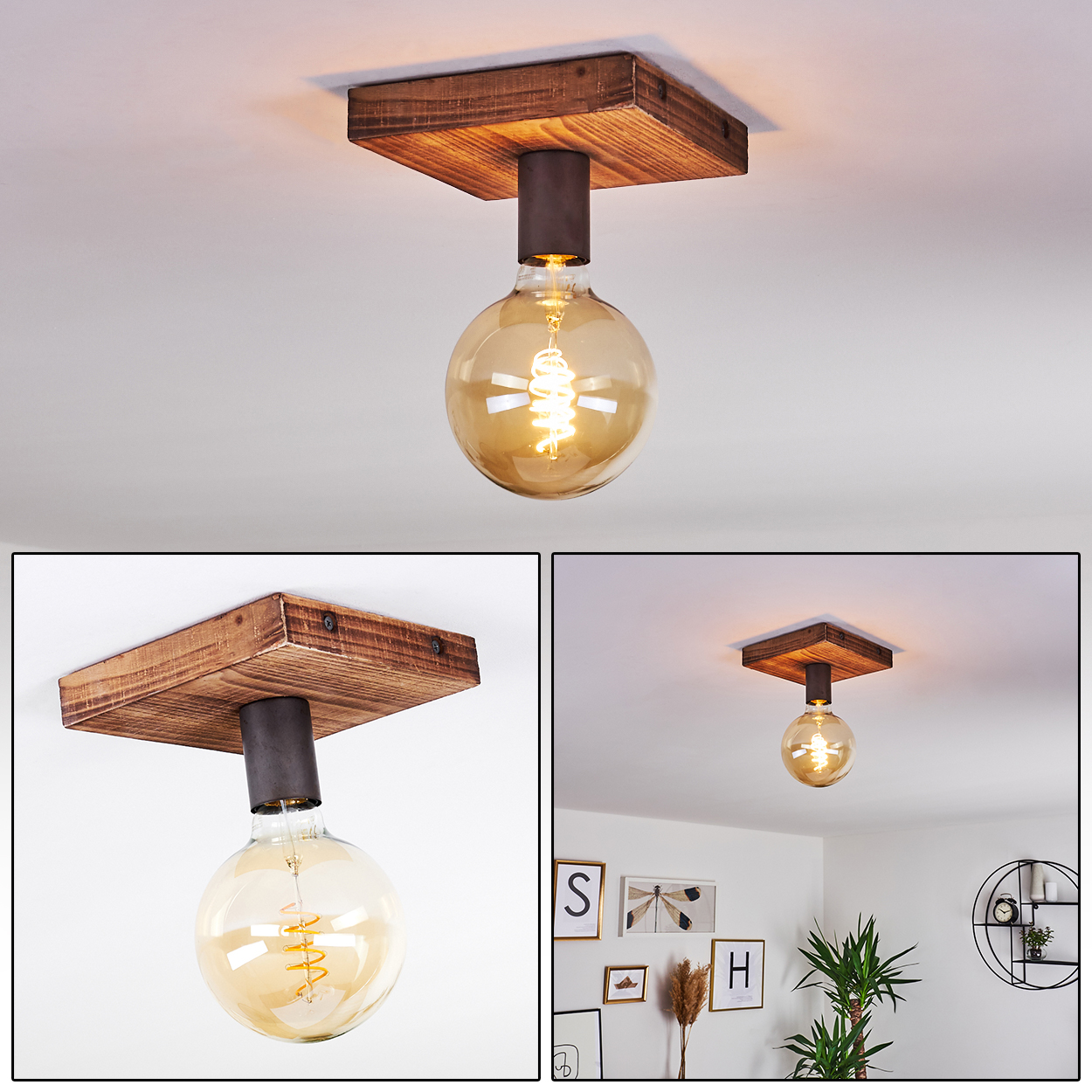 Eine Deckenlampe aus Holz mit einer großen, runden, bernsteinfarbenen Glühbirne hängt an einem dunklen Metallschaft.