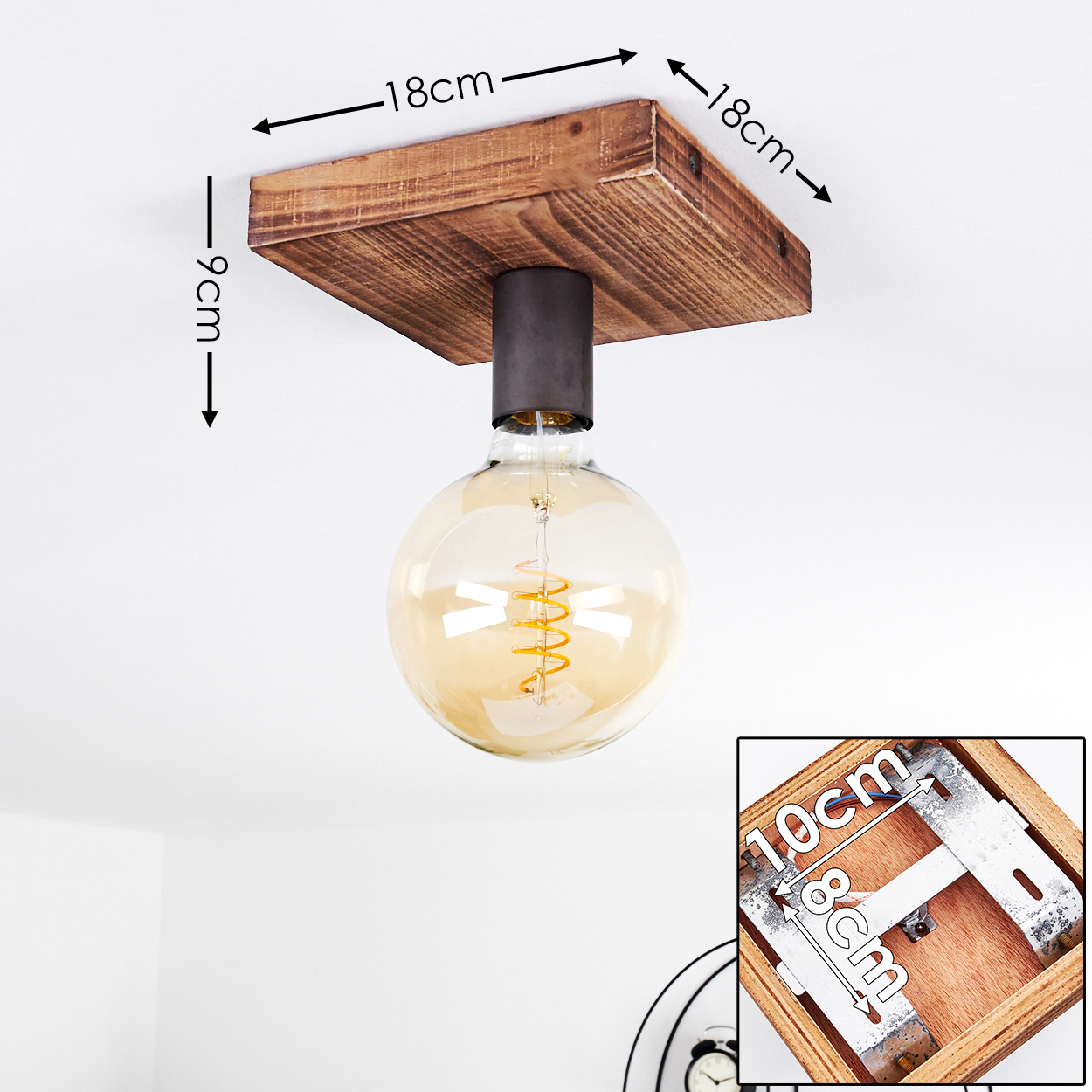 Holzdeckenlampe mit großer Glühbirne. Abmessungen sind beschriftet: 18cm x 18cm x 9cm. Ein kleineres Bild zeigt Montage details.