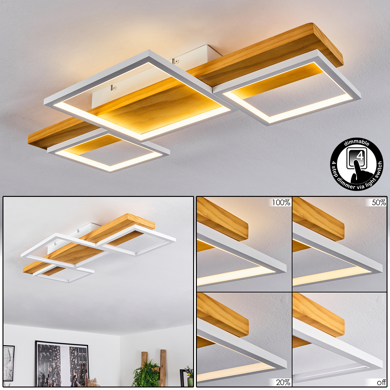 Eine moderne Deckenleuchte mit Holz- und weißen quadratischen Rahmen. Dimmereinstellungen werden mit einem 4-Stufen-Dimmschalter-Symbol angezeigt.