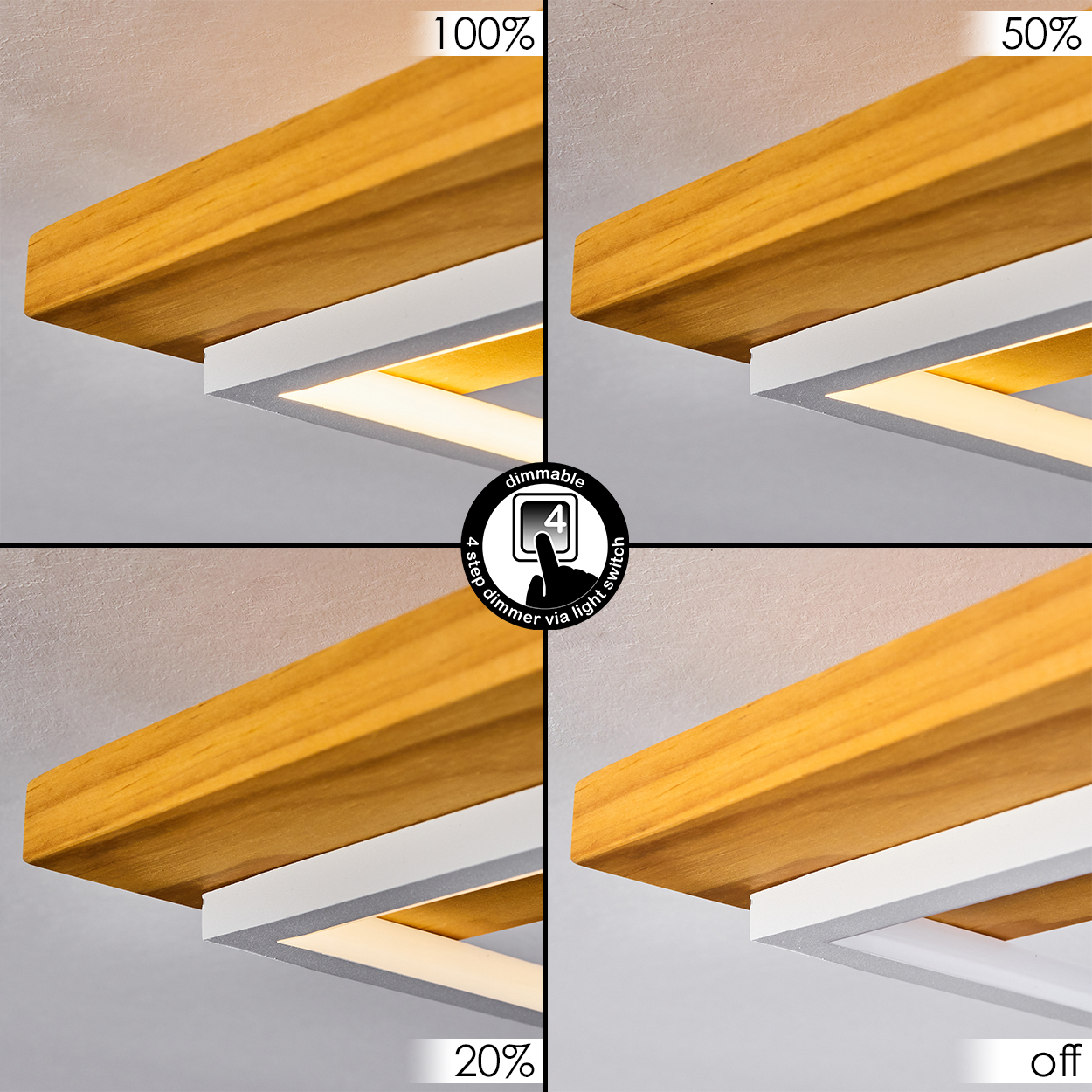 Eine Holz- und weiße Leuchte, die Dimmstufen zeigt: 100 %, 50 %, 20 % und aus. Ein Dimmschalter-Symbol befindet sich in der Mitte.