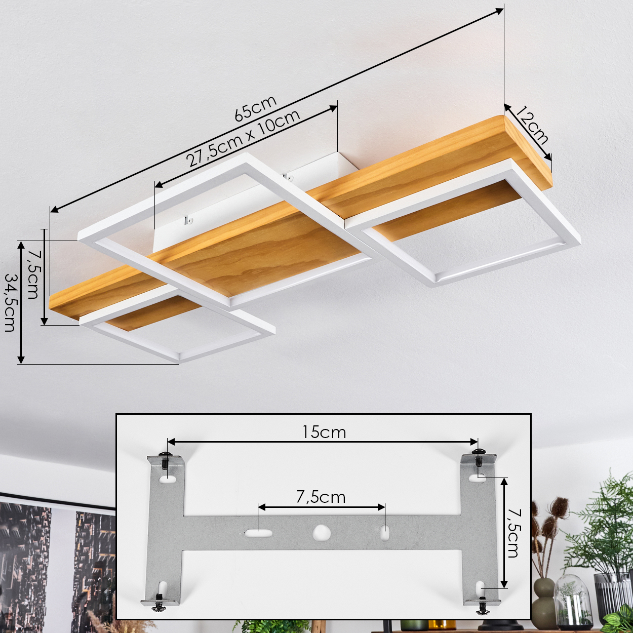 Deckenleuchte mit Holzplanken, weißen quadratischen Rahmen und Abmessungen in cm. Enthält eine Halterung für die Installation. Sichtbare Innenumgebung.