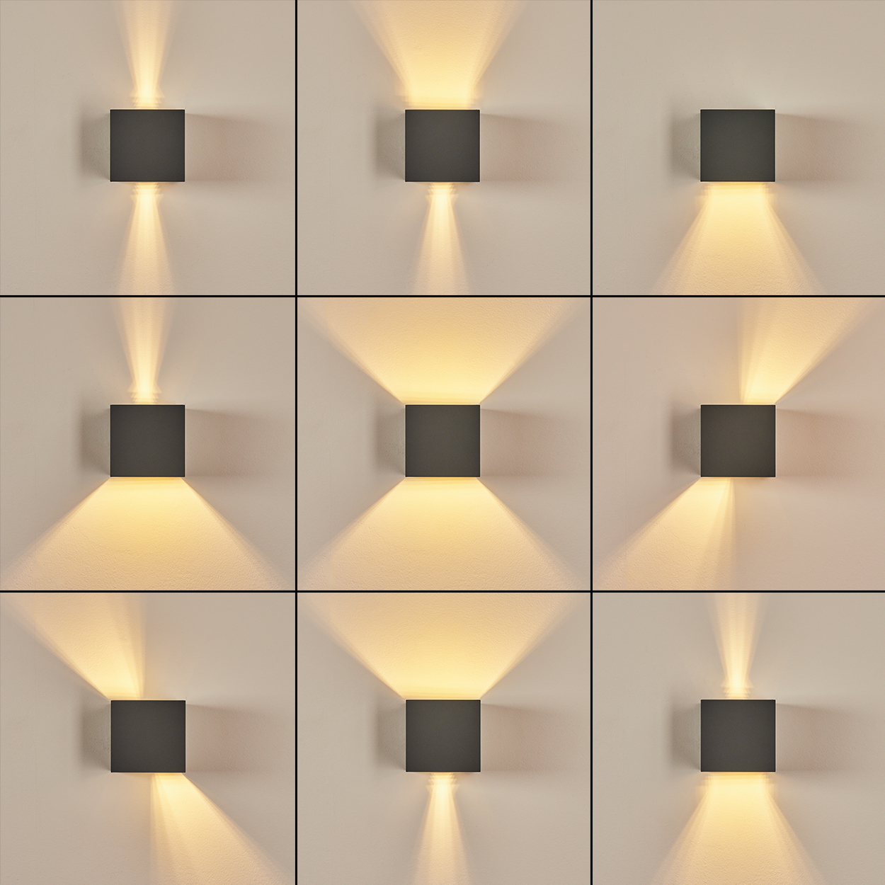 Neun quadratische Wandlampen strahlen verschiedene Lichtmuster aus. Jede Lampe ist dunkelgrau vor einer hellbeige Wand. Lichtstrahlen nach oben und unten.