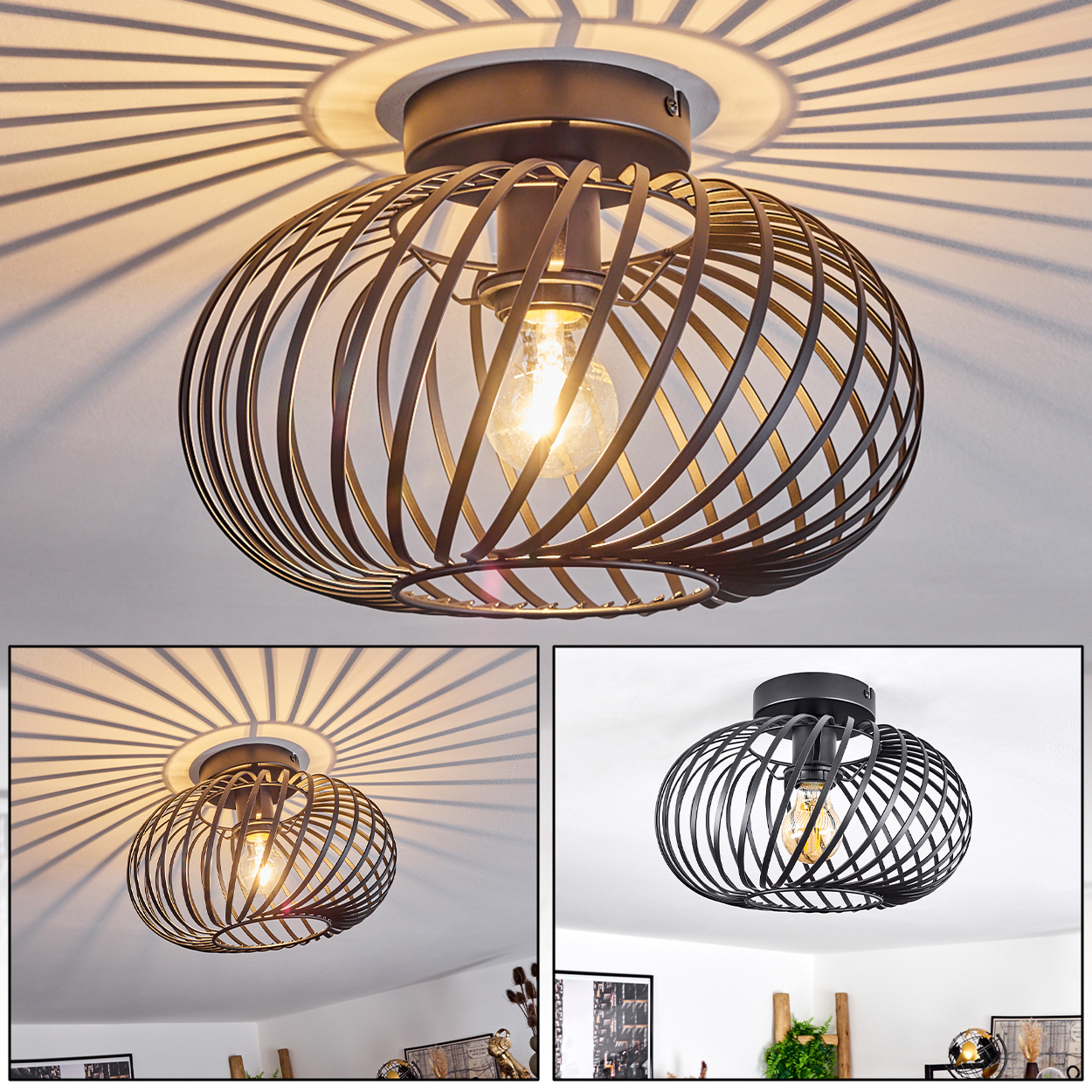 Eine Deckenlampe mit käfigartigem Schirm. Das Licht scheint hindurch und wirft Schatten auf die Decke. Eine Glühbirne ist sichtbar.