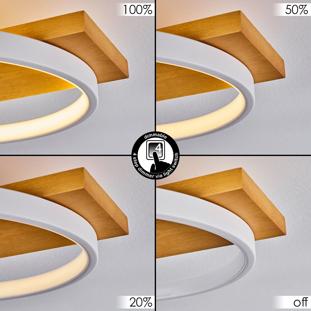 Eine moderne Deckenleuchte mit Holzsockel und weißem, kreisförmigem Leuchtelement. Sie verfügt über Dimmoptionen, die durch Etiketten angezeigt werden.