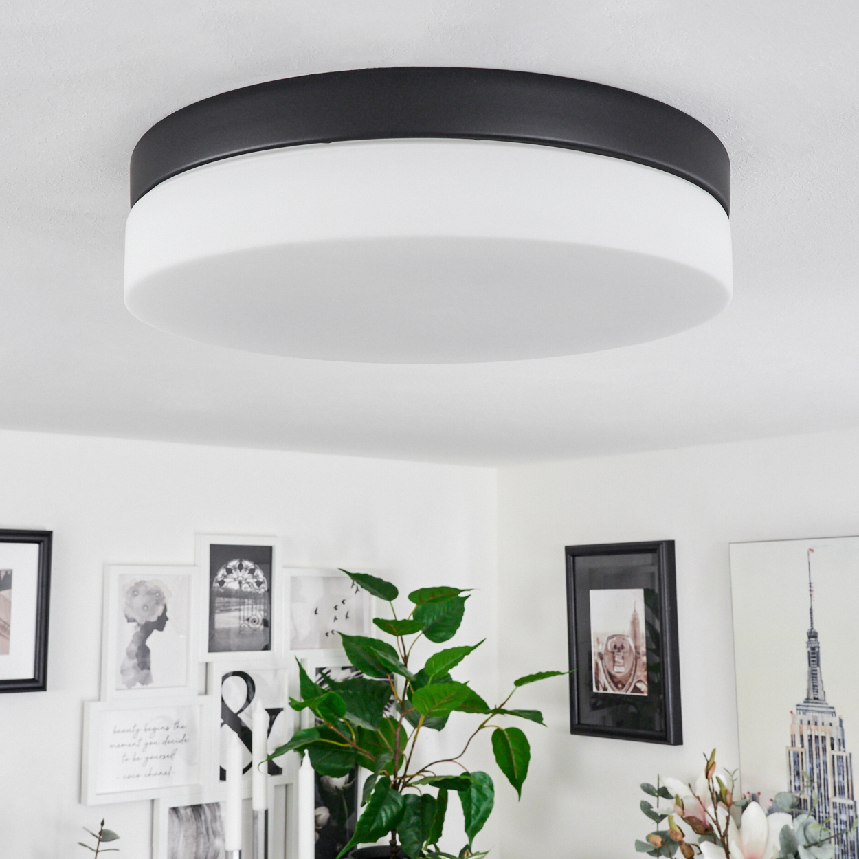 Eine moderne Deckenlampe in Schwarz und Weiß. Darunter eine grüne Pflanze, Bilder und ein Gemälde des Empire State Building.