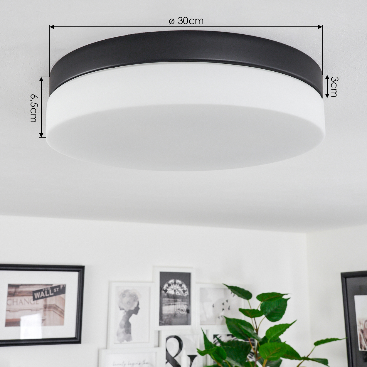 Eine Deckenlampe mit schwarzem Rand und weißer Leuchtfläche. Im Hintergrund gerahmte Bilder und eine grüne Pflanze.