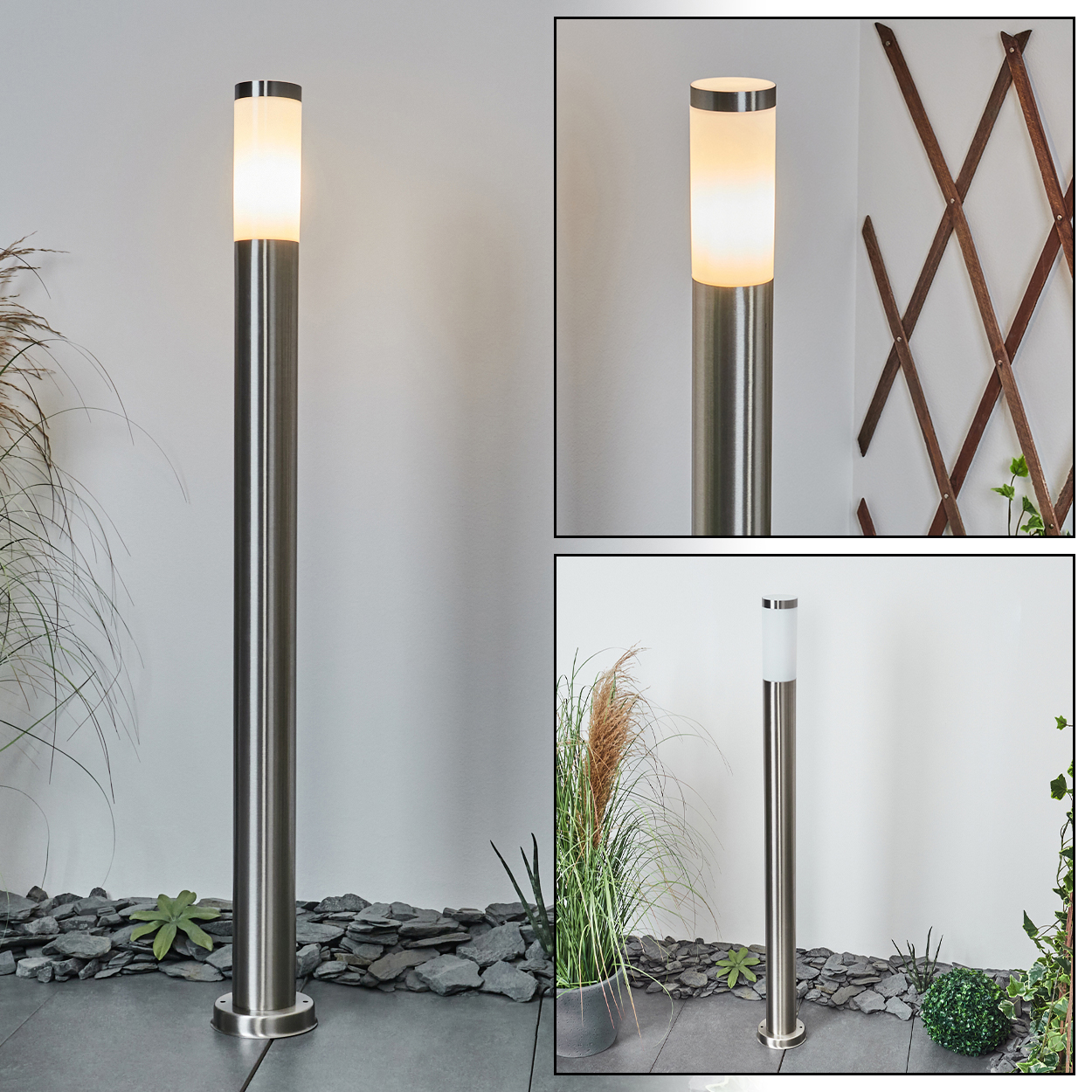 Eine Außenlampe aus Edelstahl mit leuchtender Oberseite. Sie befindet sich in einem Garten mit Pflanzen, Steinen und einem Spalier im Hintergrund.