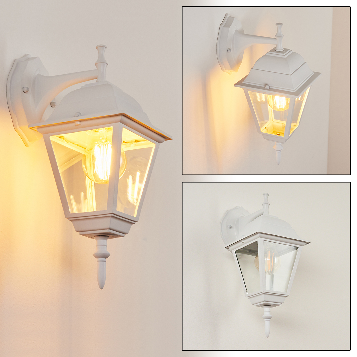 Drei weiße Außenlampen sind abgebildet. Jede hat ein Glasgehäuse, eine dekorative Spitze und ist an einer Wand befestigt.