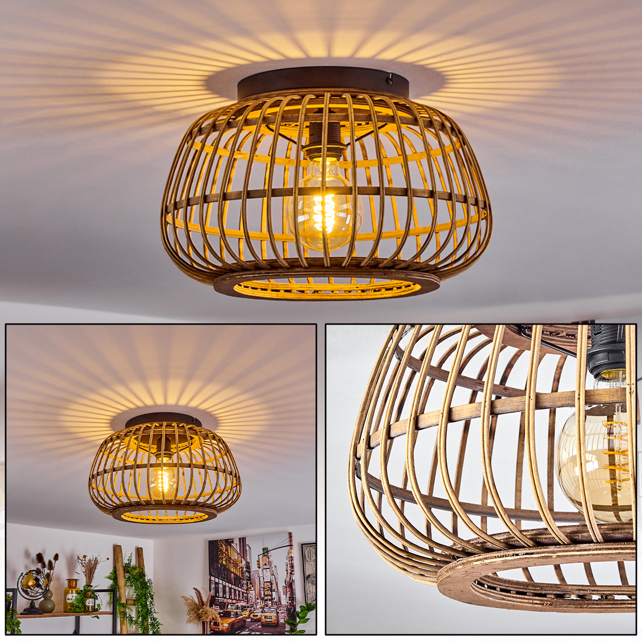 Eine Deckenlampe im Bambusstil mit einer Glühbirne. Die Lampe wirft einen warmen Schein auf die weiße Decke. Der Hintergrund zeigt einen Raum.
