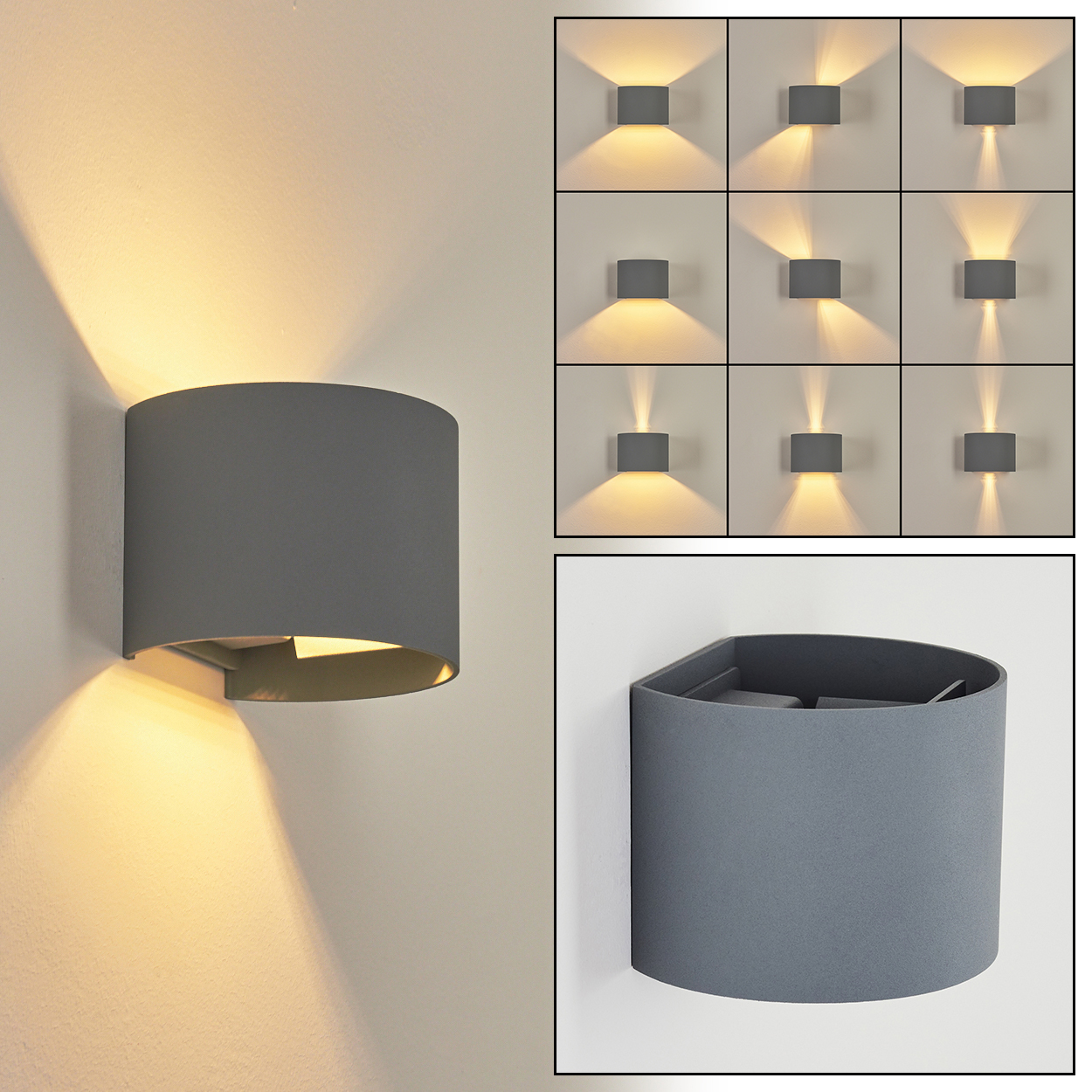 Graue Wandlampe mit zylindrischem Schirm wirft Licht nach oben und unten. Mehrere quadratische Lampen zeigen unterschiedliche Lichtmuster.