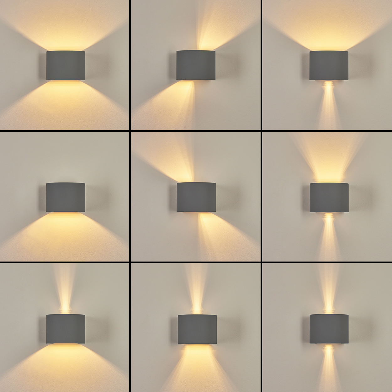 Neun graue Wandlampen beleuchten die Wand mit unterschiedlichen Lichtstrahlmustern. Jede Lampe hat eine zylindrische Form.