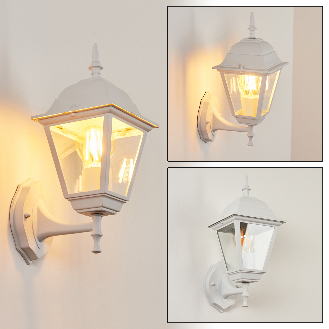 Drei weiße Außenlampen sind an einer weißen Wand montiert. Jede Lampe hat ein Glasgehäuse und eine leuchtende Glühbirne.