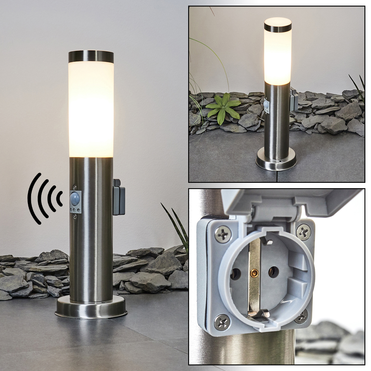 Eine Außenlampe aus Edelstahl mit einem leuchtenden Zylinder. Sie hat einen Sensor und eine Steckdose. Der Hintergrund zeigt Felsen und eine Wand.