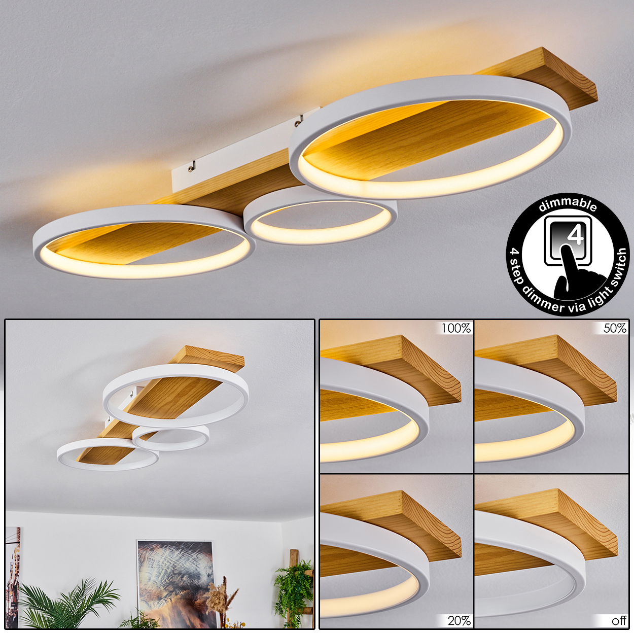 Eine Deckenleuchte mit drei kreisförmigen Lichtern und Holzträgern.  Über einen Schalter dimmbar. Das Licht ist weiß und das Holz hellbraun.