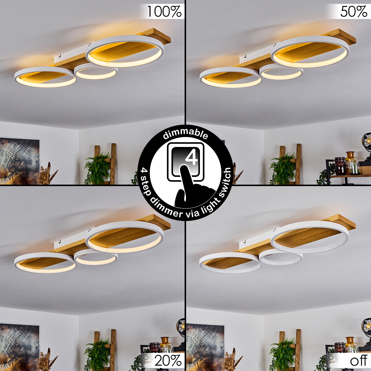 Vier Bilder zeigen eine Deckenleuchte mit unterschiedlichen Helligkeitsstufen und einem Dimmschalter-Symbol. Die Leuchte ist aus Holz und weiß.