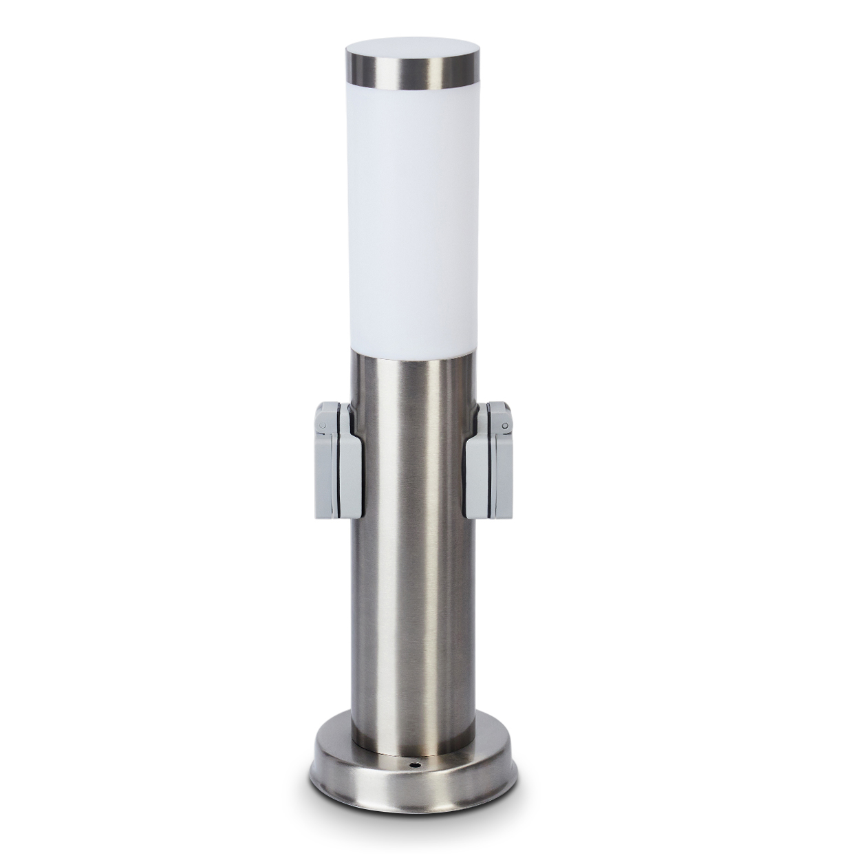 Eine zylindrische Außenlampe aus Edelstahl mit einem weißen Lichtteil oben. Am Lampenkörper befinden sich zwei graue Aufsätze.