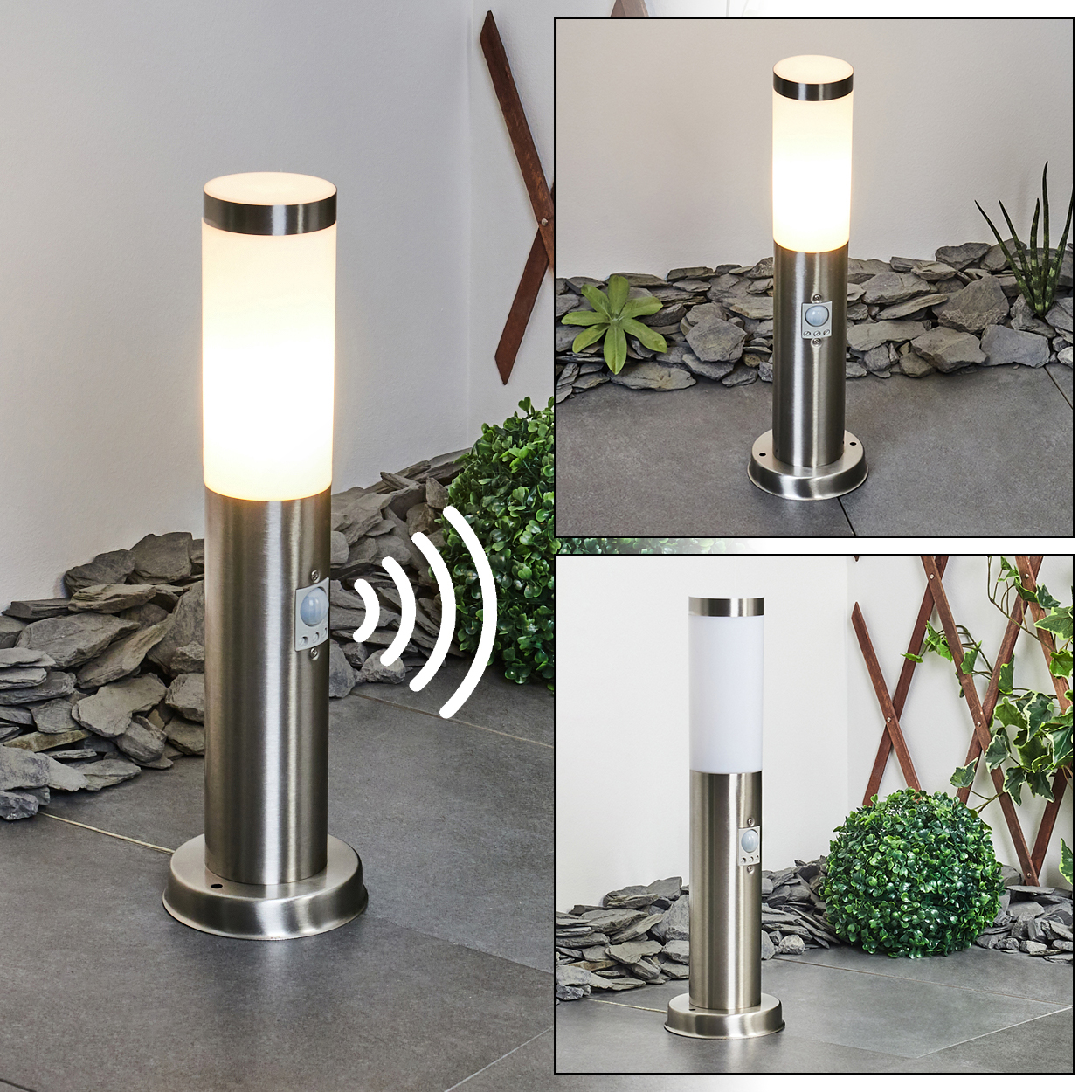 Eine silberne Außenlampe mit Bewegungsmelder. Die Lampe hat ein zylindrisches Design und strahlt helles Licht aus. Es steht vor einem Gartenhintergrund.