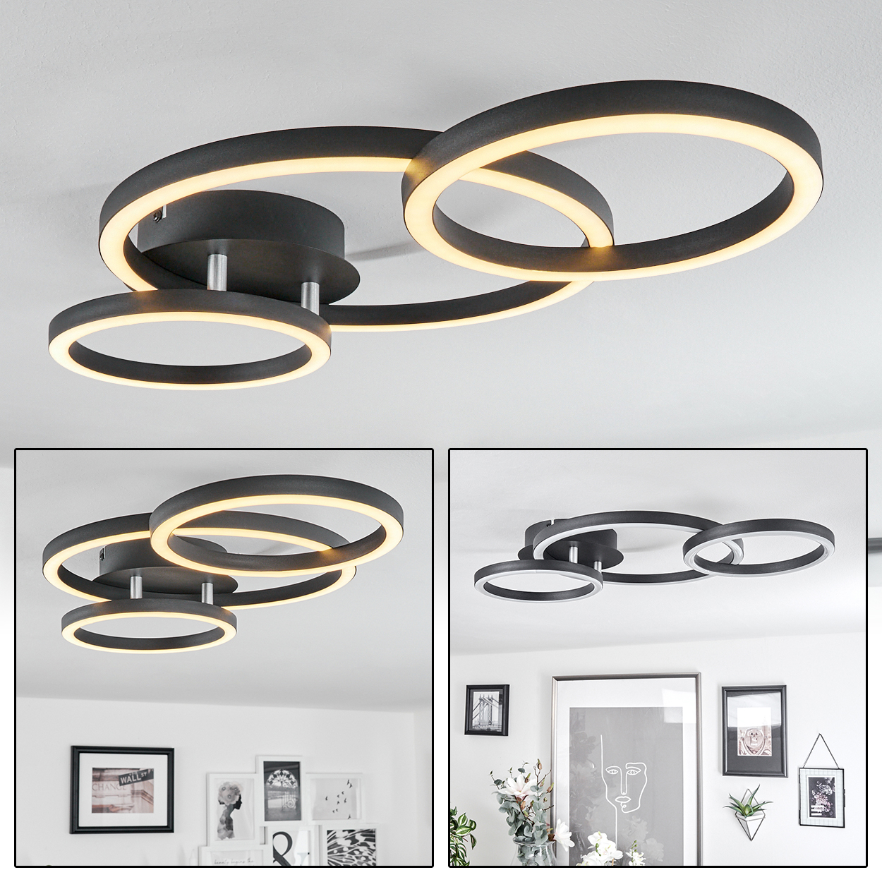 Moderne Deckenleuchte mit drei miteinander verbundenen, beleuchteten schwarzen Ringen. Die Ringe leuchten warmweiß. Hintergrund: weiße Decke.