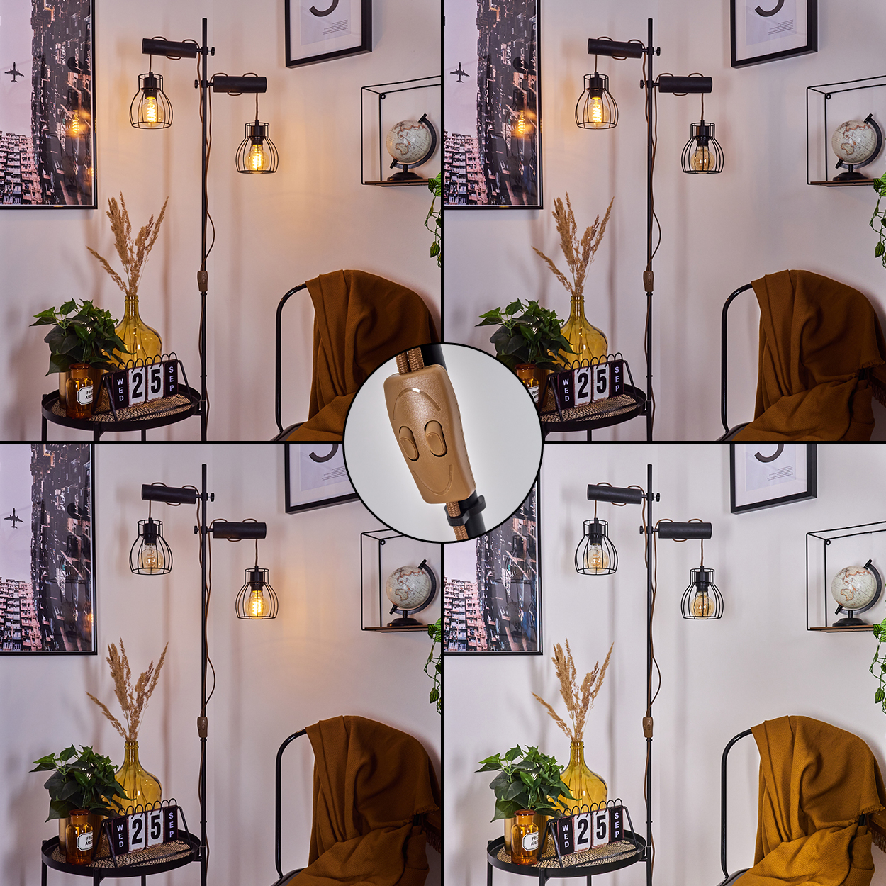 Eine Stehlampe mit zwei Lichtern, ein Stuhl mit einer Decke, ein kleiner Tisch mit Pflanzen und einem Kalender sowie gerahmte Bilder.