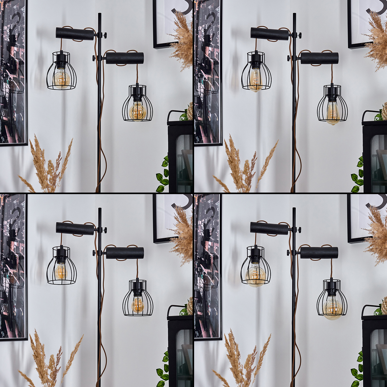 Eine schwarze Stehlampe mit zwei käfigartigen Glühbirnen. Im Hintergrund sind Kunstwerke und dekorative Pflanzen zu sehen.