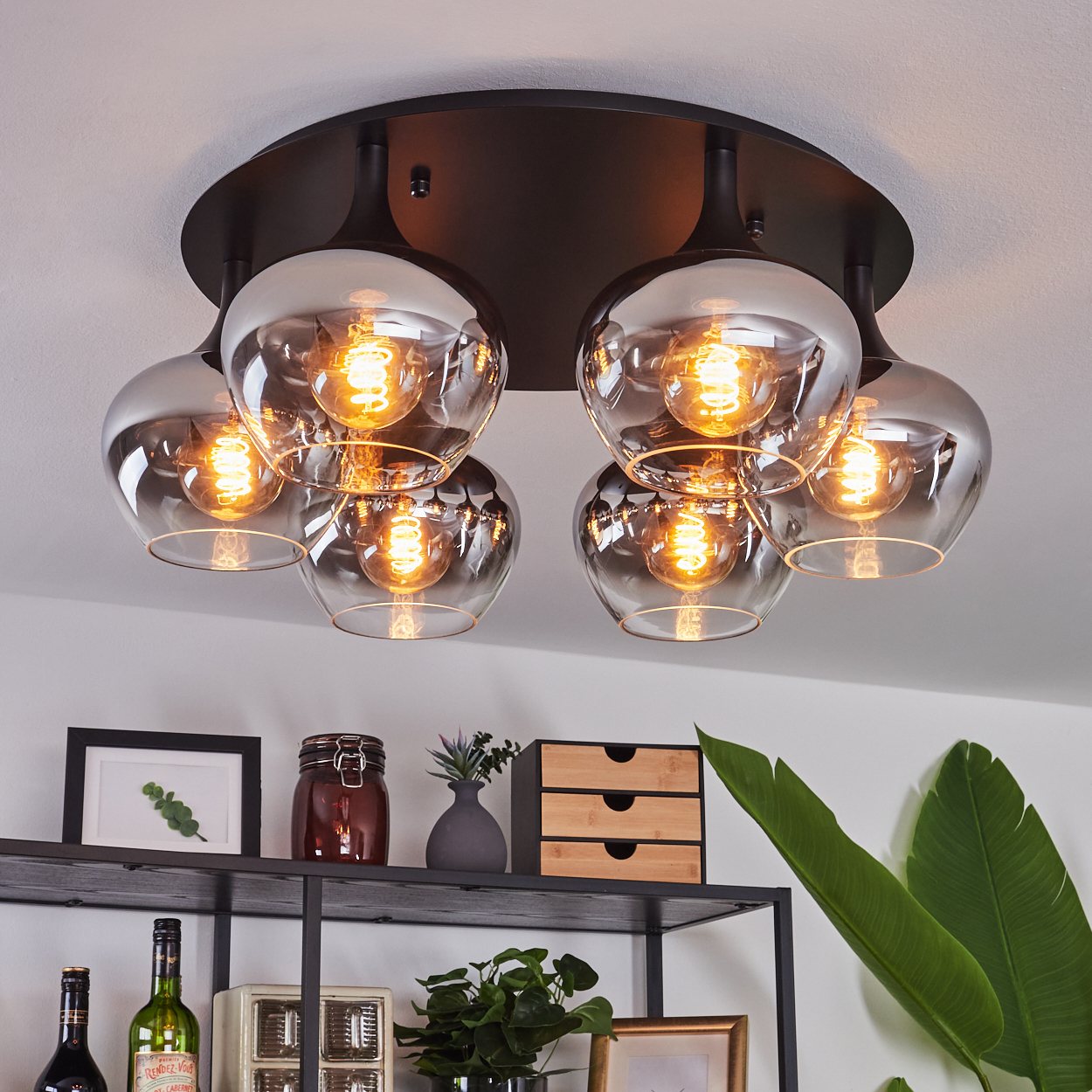 Eine Deckenlampe mit sechs Glaskugeln, die jeweils eine leuchtende Glühbirne enthalten. Darunter ein Regal mit Dekoration und einer Pflanze.