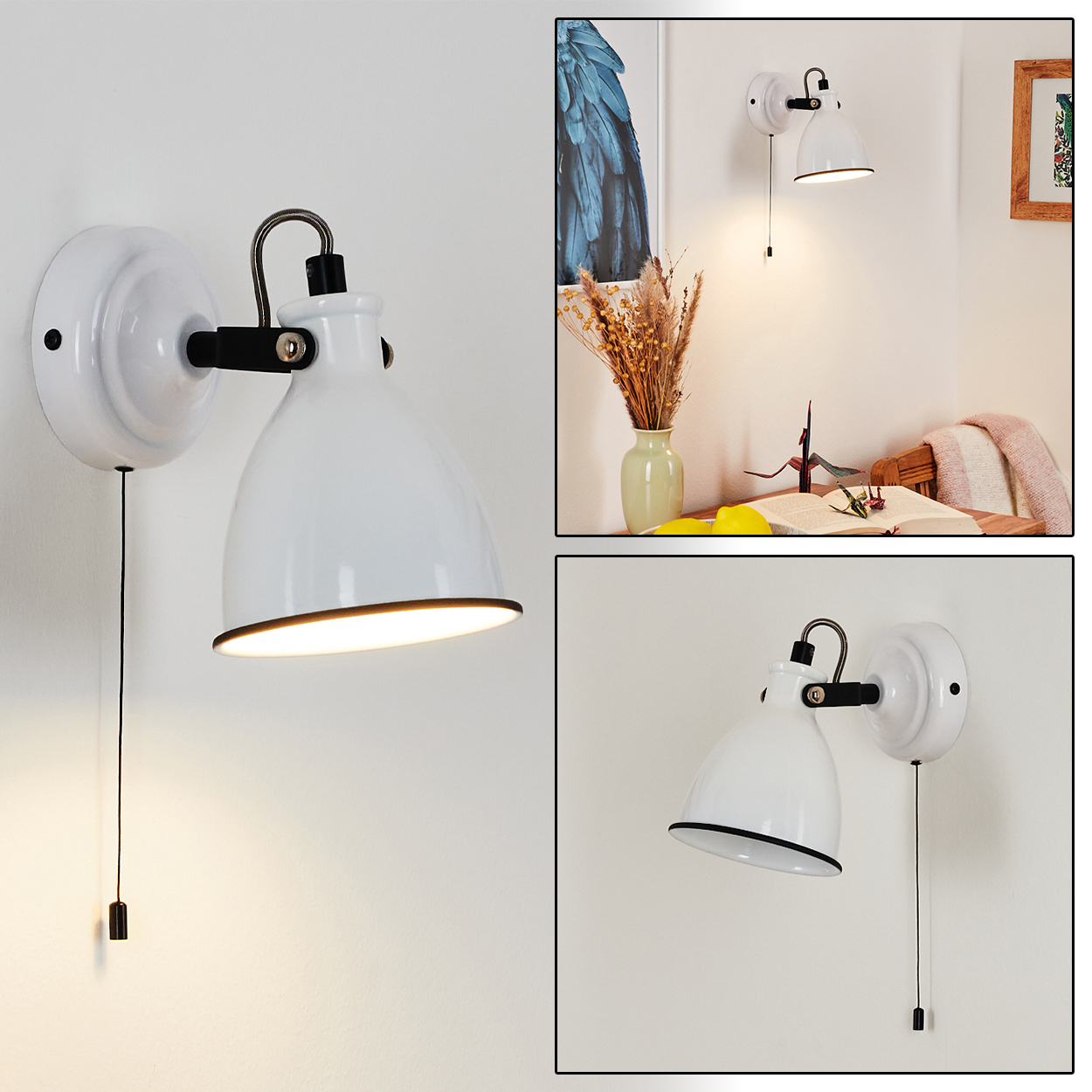 Weiße Wandlampe mit schwarzen Akzenten und Zugkordel. Sie befindet sich neben einer Wand mit einem Gemälde, einer Vase mit Blumen und einem Holzstuhl.