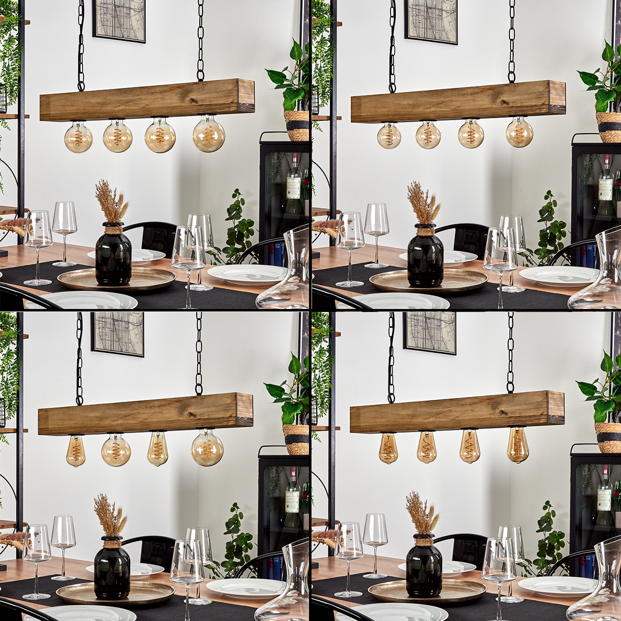 Esszimmer mit Holzbalken-Leuchte, gedecktem Tisch, schwarzer Vase und Grünpflanzen.