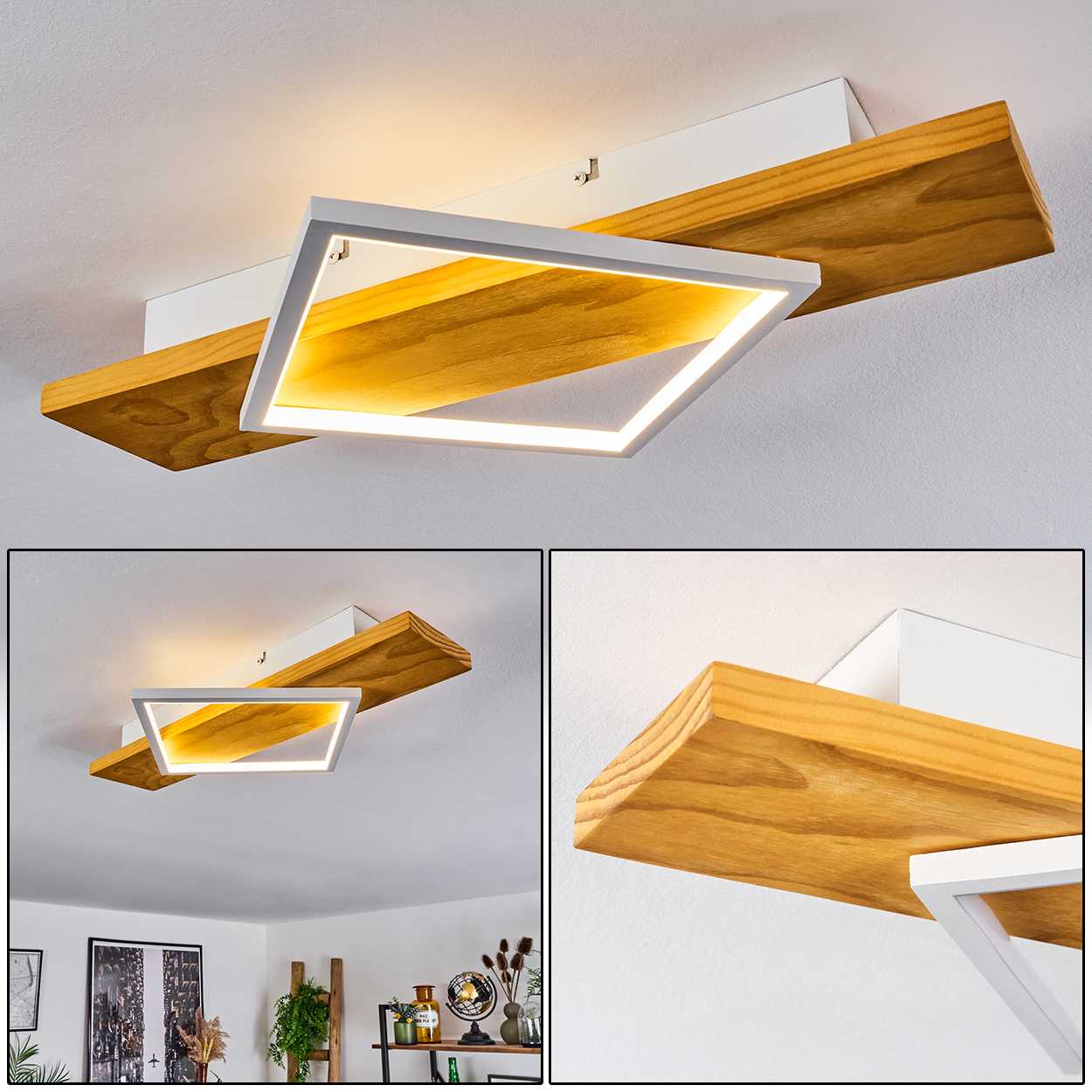 Moderne Deckenleuchte mit Holzbalken und weißem Rahmen mit integrierter LED-Beleuchtung. Die Decke ist weiß.