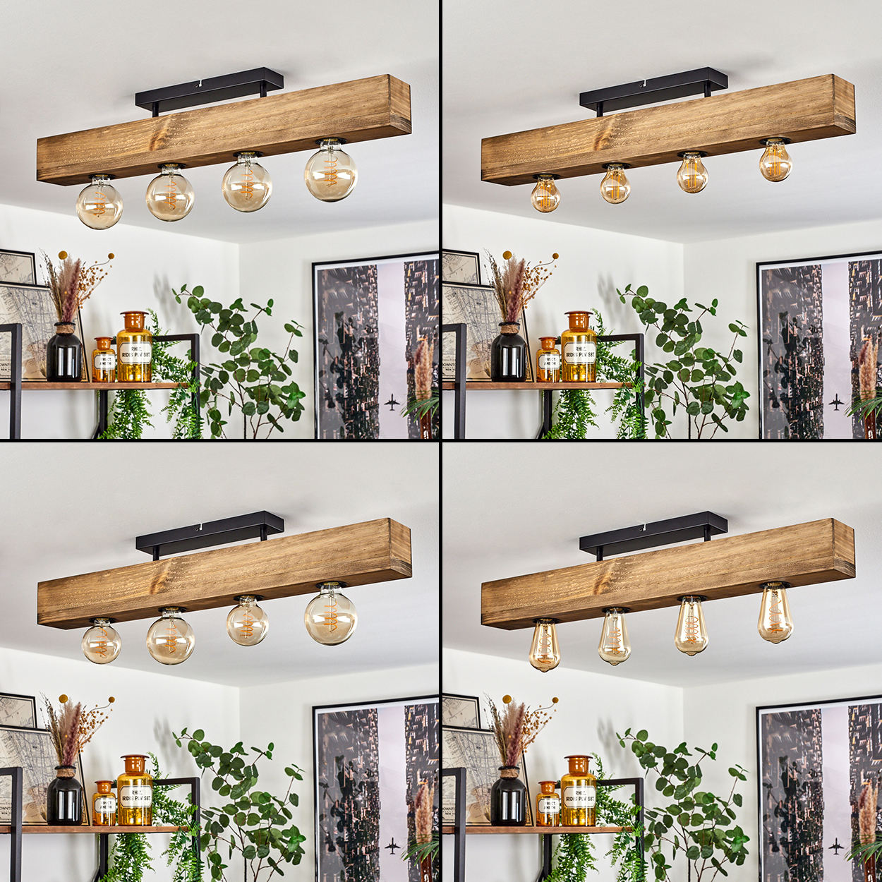 Eine Holzdeckenlampe mit vier Glühbirnen ist in einem Raum installiert. Darunter ein Regal mit Pflanzen und anderen dekorativen Gegenständen.