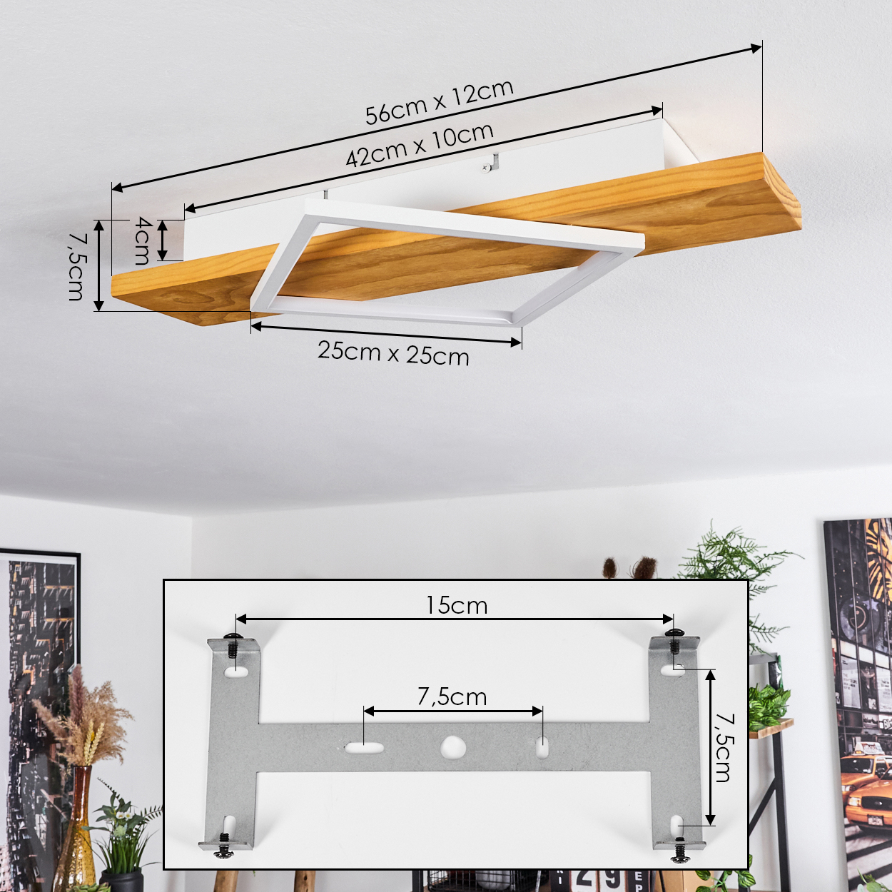 Eine Deckenleuchte mit Holzregal. Abmessungen werden angezeigt. Eine Metallhalterung mit ihren Abmessungen ist ebenfalls abgebildet.