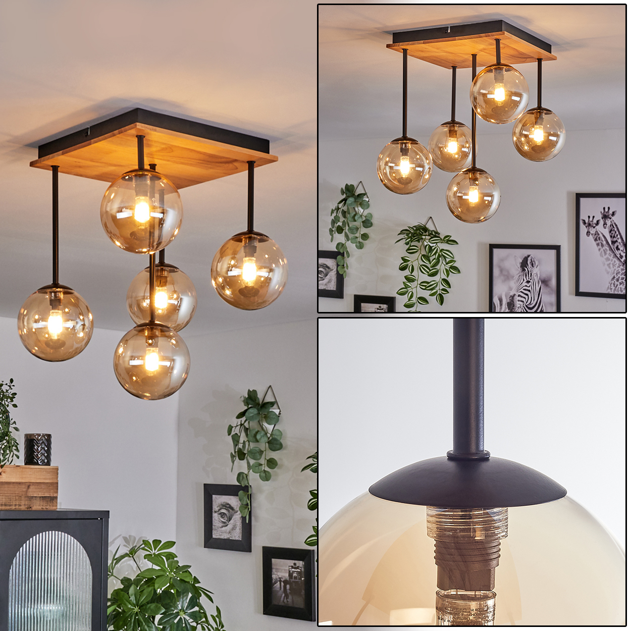 Eine moderne Deckenleuchte mit sechs Glaskugelschirmen, die von einer Holz- und schwarzen Metallhalterung hängen. Der Raum hat gerahmte Bilder.