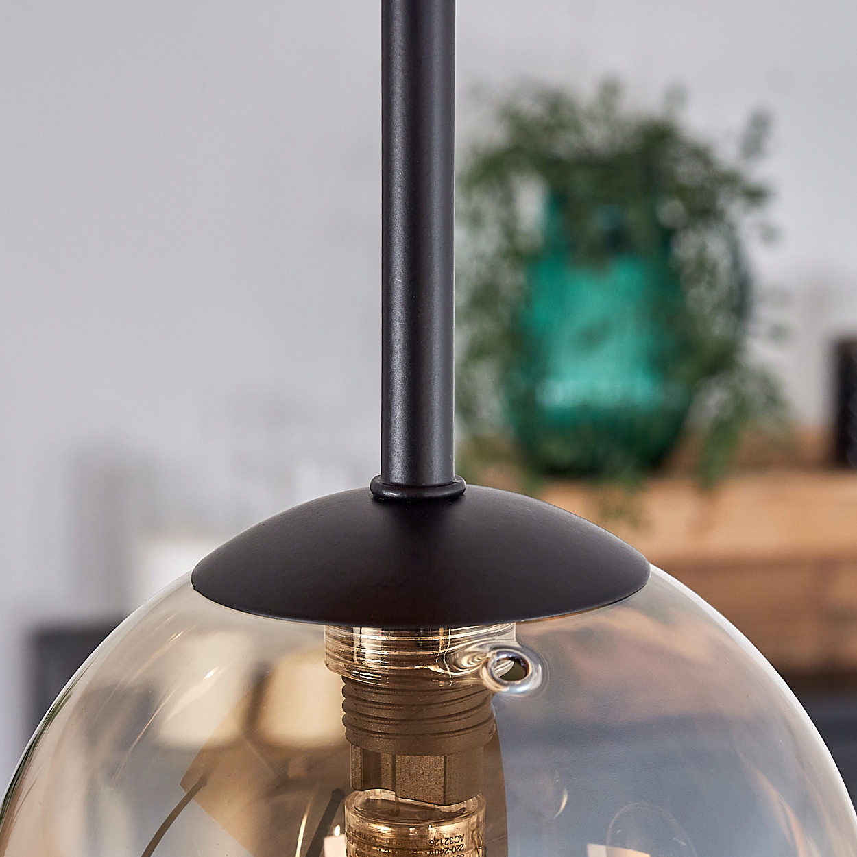 Nahaufnahme einer modernen Pendelleuchte mit rauchfarbenem Glasschirm und schwarzem Metallgestell. Im Hintergrund eine Pflanze in einer teal Vase.