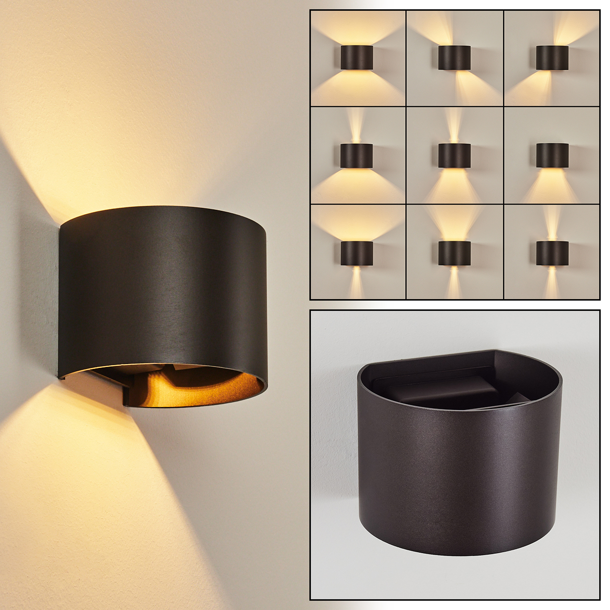 Eine dunkelbraune Wandleuchte beleuchtet eine beige Wand. Das Bild zeigt auch verschiedene Beleuchtungsanordnungen und eine Nahaufnahme der Lampe.