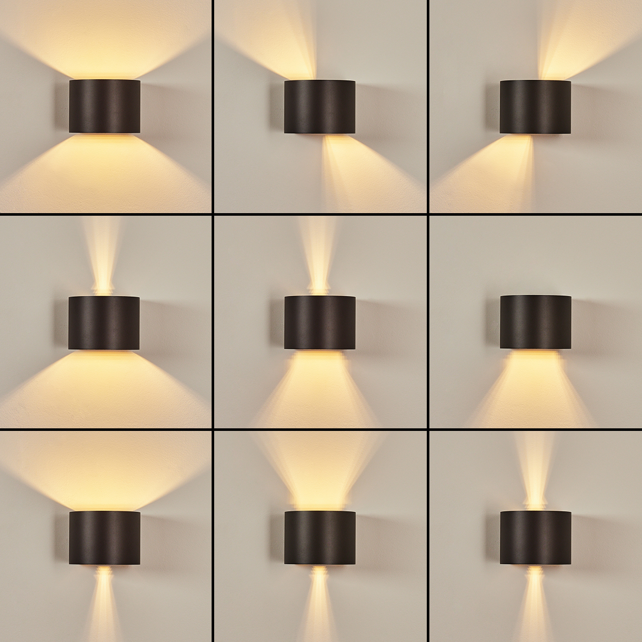 Neun Wandleuchten. Jede hat einen dunklen zylindrischen Körper, der helles Licht aussendet. Die Lichtmuster variieren, einige breit, andere fokussiert.