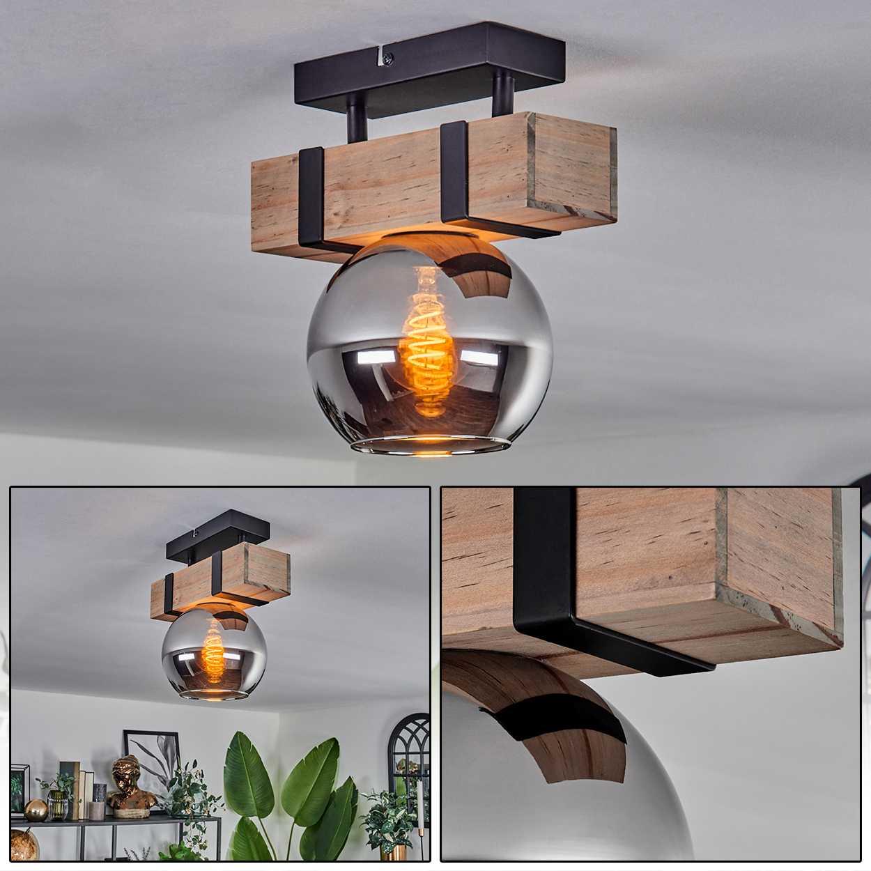 Deckenlampe mit Holzbalken und Glaskugel. Sie hat einen sichtbaren Glühfaden und ein warmes Licht. Die Lampe befindet sich in einer modernen Umgebung.