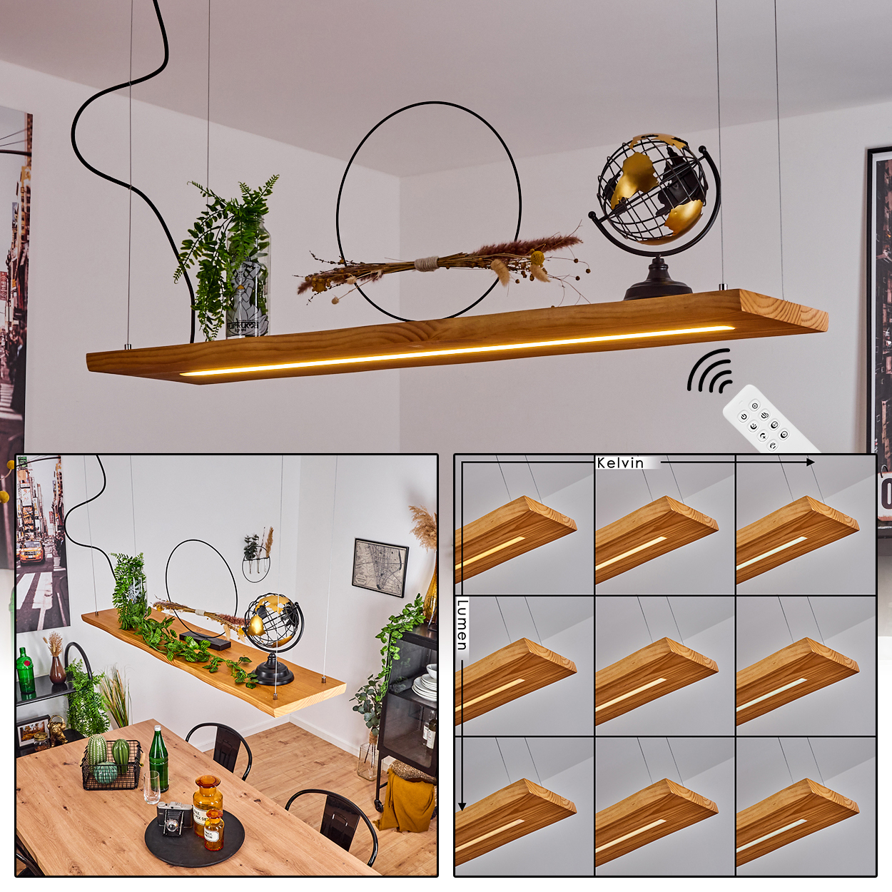 Holzlampe mit Pflanzen und Globus. Fernbedienung zur Lichteinstellung. Verschiedene Lichteinstellungen gezeigt.