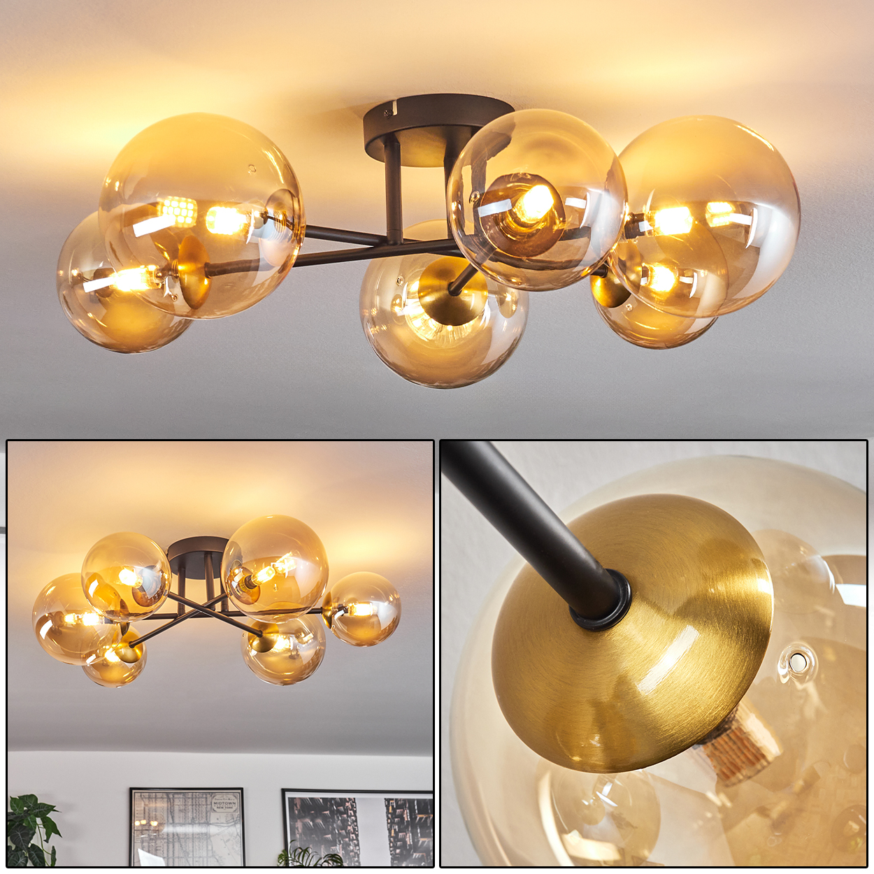 Eine Deckenlampe mit sechs bernsteinfarbenen Glaskugeln. Die Halterung ist schwarz, die Glühbirnen strahlen warmes Licht aus.