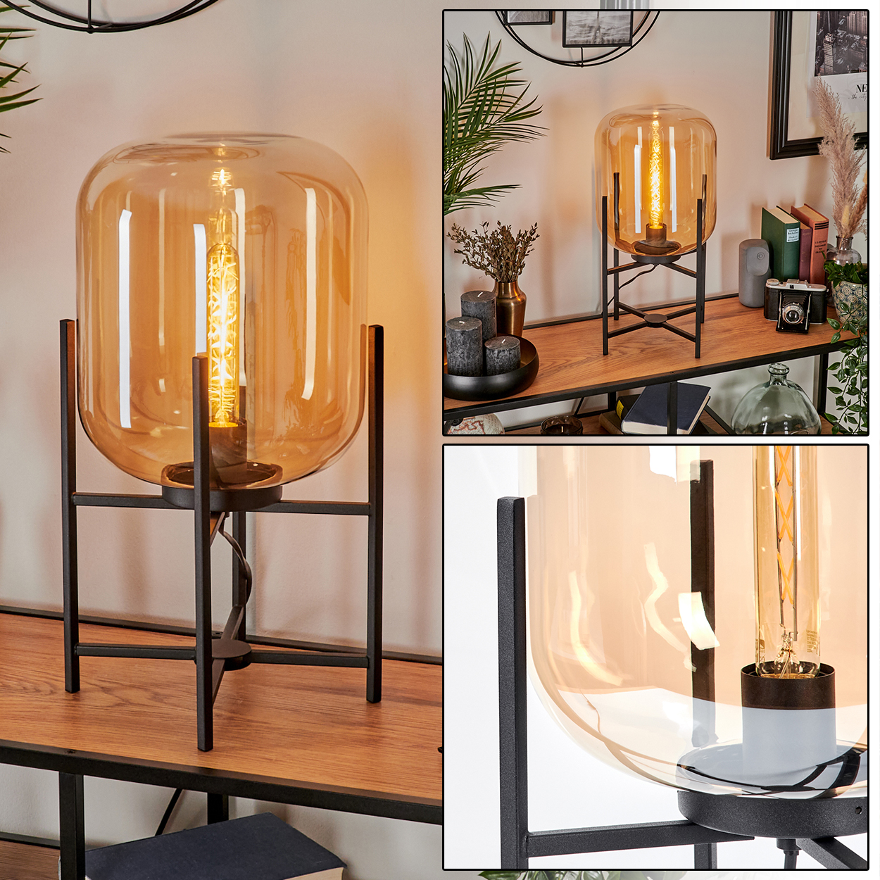 Eine bernsteinfarbene Glaslampe mit einer langen Edison-Glühbirne steht auf einem schwarzen Metallrahmen auf einem Holzregal.