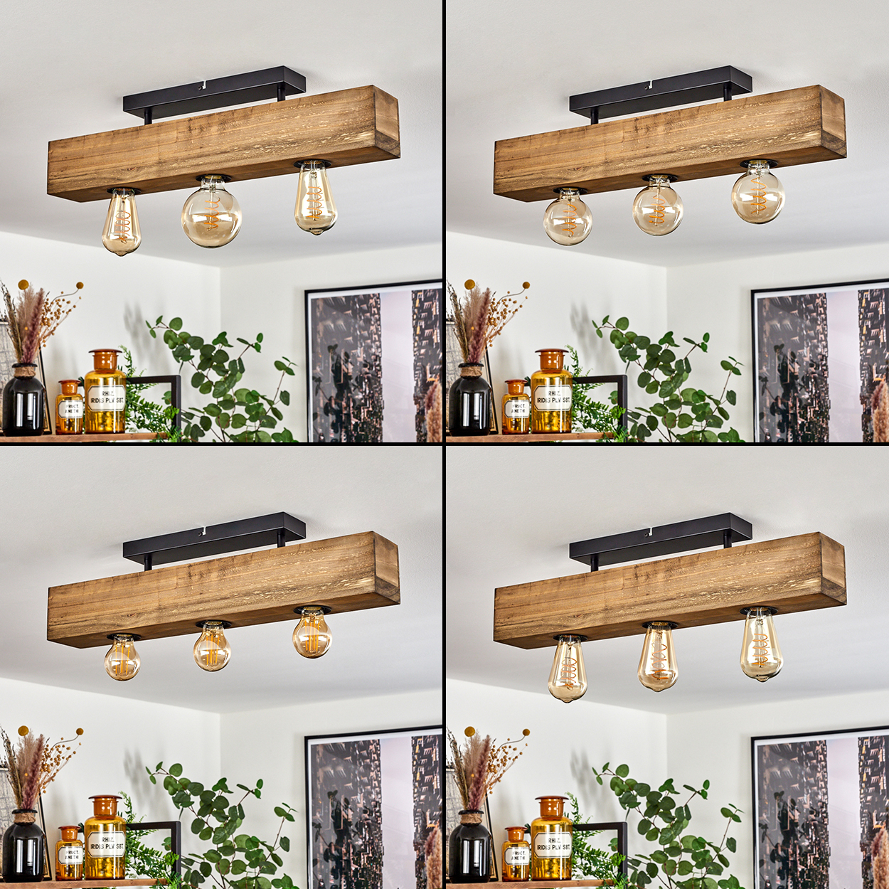 Eine Deckenleuchte aus Holzbalken mit drei Glühbirnen. Darunter Regale mit Dekoration, Pflanzen und gerahmter Kunst vor weißer Wand.