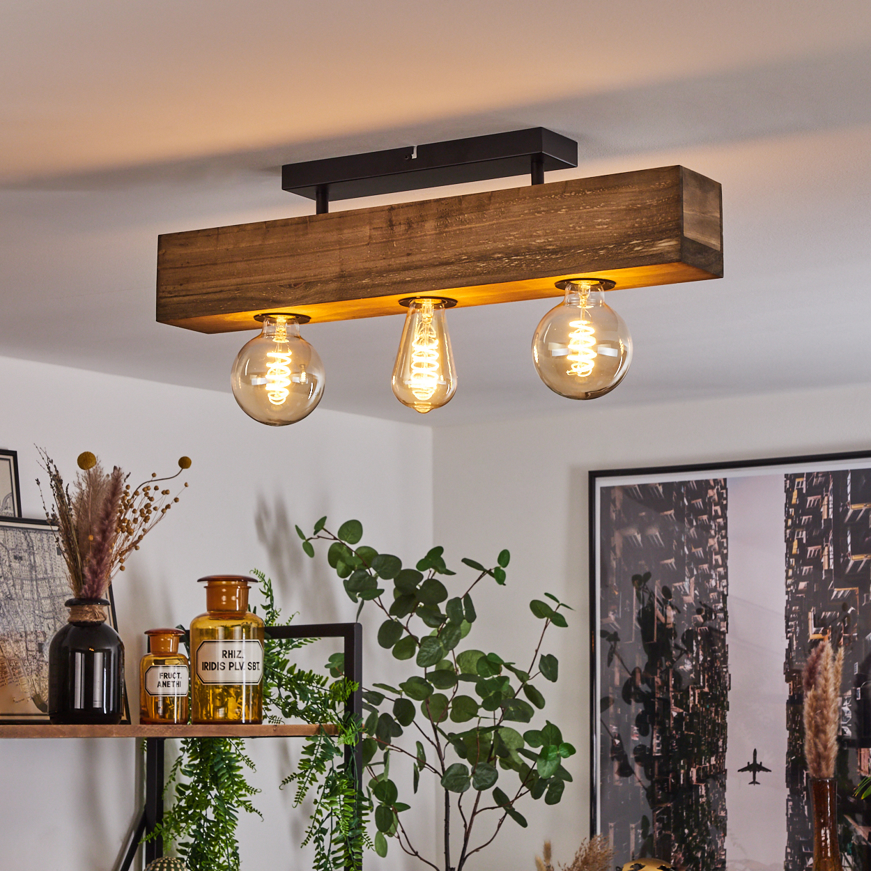 Deckenlampe mit Holzbalken und drei Glühbirnen. Regale mit Dekor und Pflanzen im Vordergrund. Kunstwerk und mehr Deko im Hintergrund.