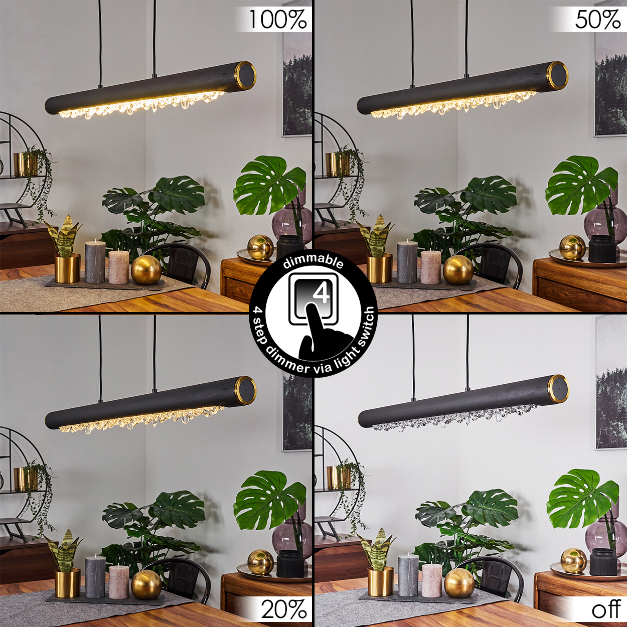 Vier Bilder zeigen eine dimmbare schwarze Leuchte. Pflanzen und Dekorationen sind im Hintergrund. Die Lichtintensität variiert, beschriftet mit 100 %, 50 %, 20 % und Aus.