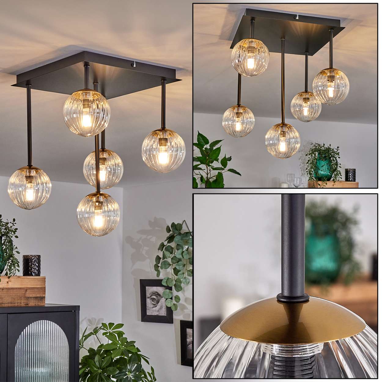 Eine moderne Deckenleuchte mit sechs Glasschirmkugeln. Die Leuchte ist auf einer schwarzen quadratischen Basis mit goldenen Akzenten montiert.