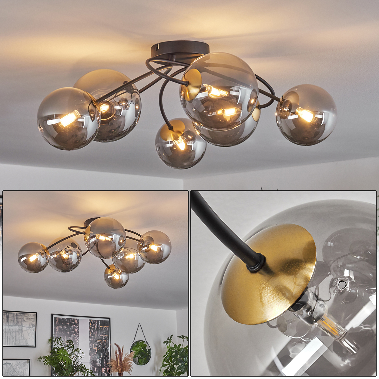 Eine moderne Deckenleuchte mit sechs rauchfarbenen Glaskugeln und schwarzen Metallarmen. Jede Kugel enthält eine warme Glühbirne.