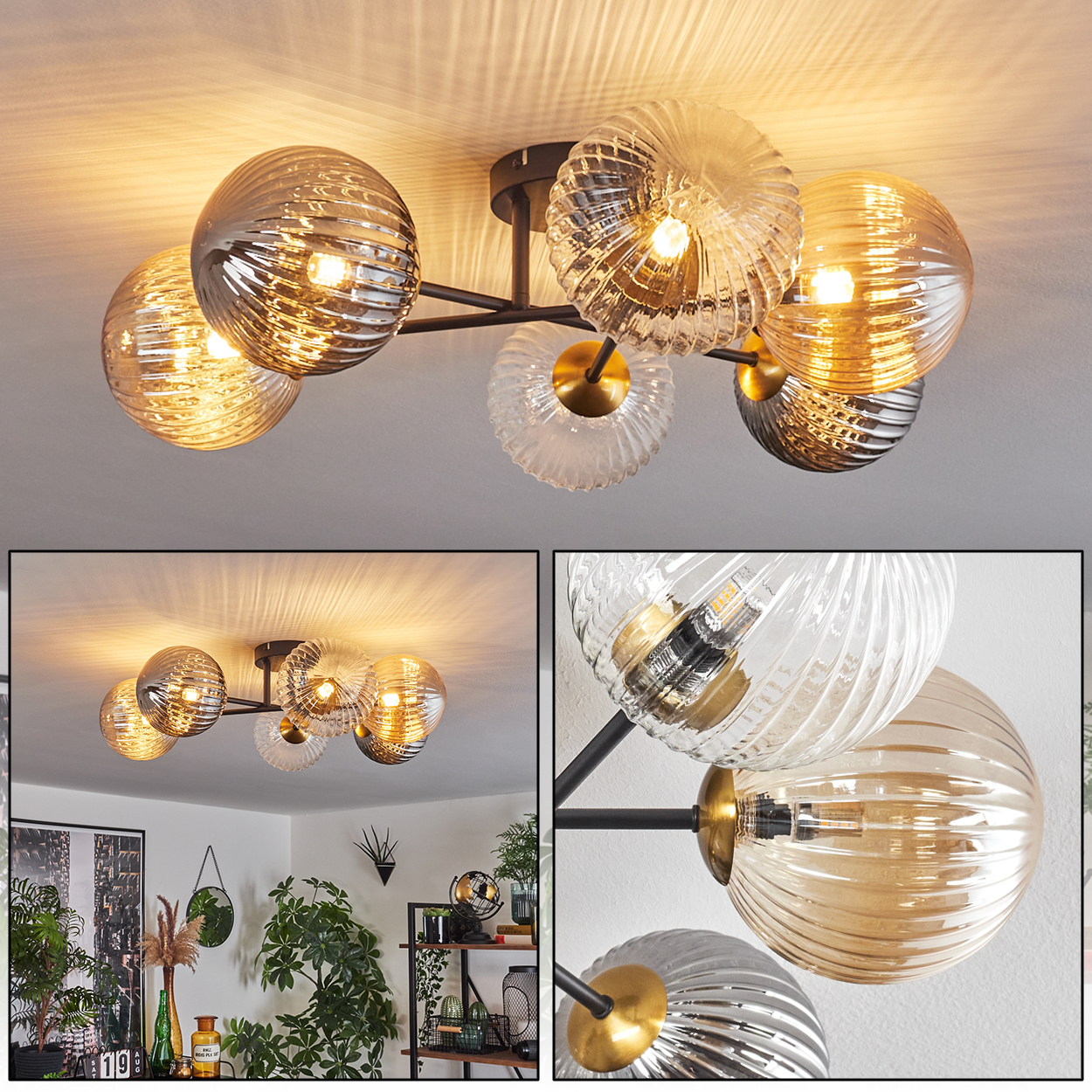 Deckenlampe mit mehreren Glaskugeln, die warmes Licht aussenden. Die Leuchte hat einen schwarzen Rahmen und einen goldenen Akzent. Der Hintergrund ist eine weiße Decke.