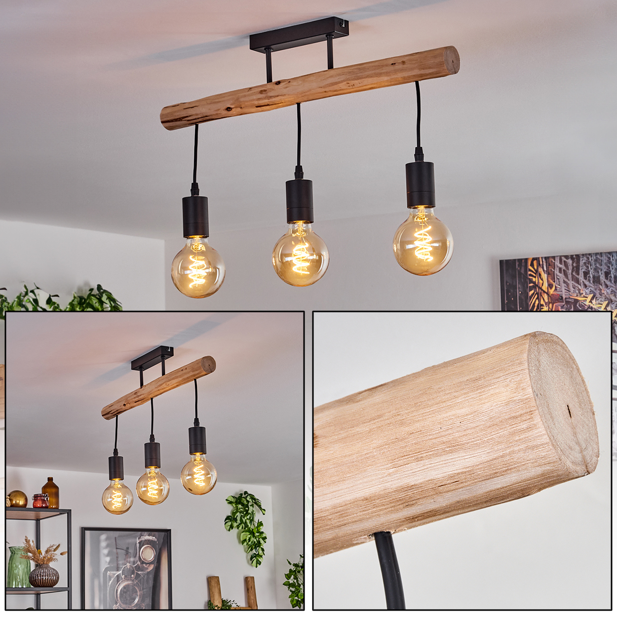 Eine Deckenleuchte aus Holzbalken mit drei Edison-Glühbirnen. Schwarze Halterungen hängen vom Balken. Im Hintergrund ist ein Raum mit Pflanzen zu sehen.