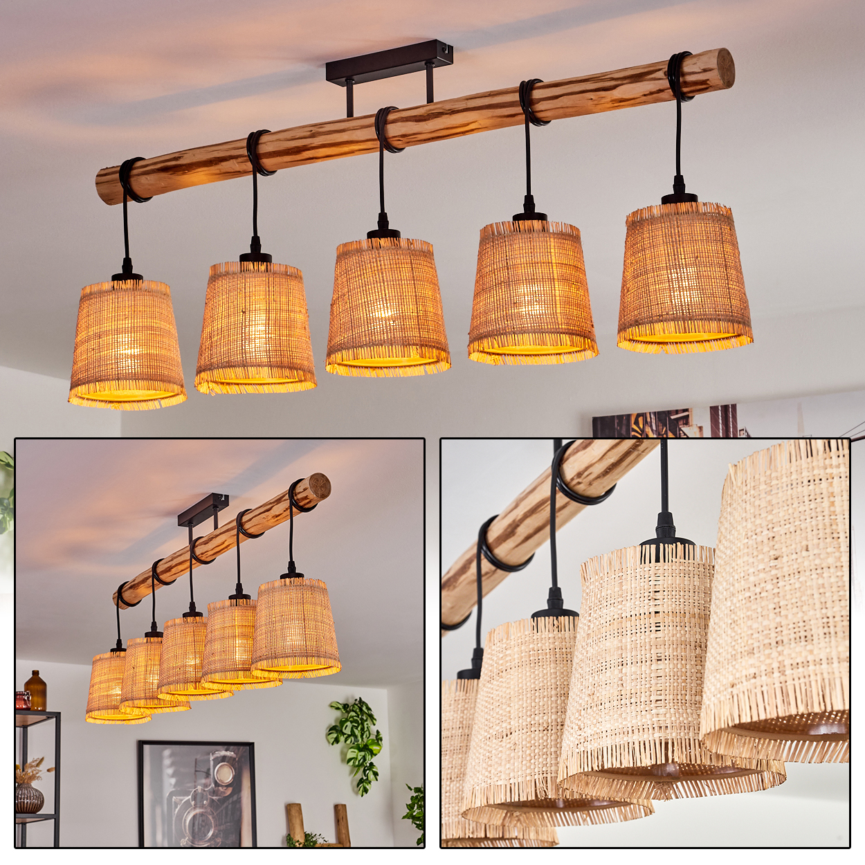Ein Holzbalken mit fünf gewebten Lampenschirmen. Die Lampenschirme sind beleuchtet und strahlen warm. Die Decke ist weiß.