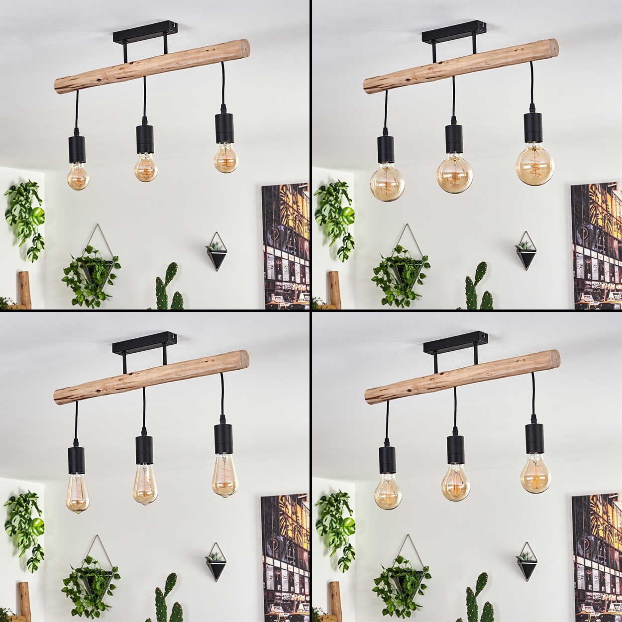 Eine Deckenlampe aus Holzbalken mit drei hängenden Glühbirnen. Pflanzen und Wandkunst sind im Hintergrund. Die Glühbirnen sind beleuchtet.