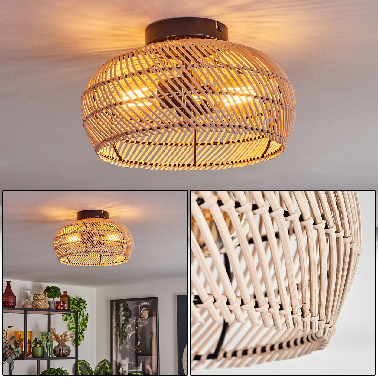 Eine Deckenlampe aus gewebtem Rattan mit zwei Lichtern. Die Lampe ist an einer weißen Decke montiert. Details des Webmusters sind sichtbar.