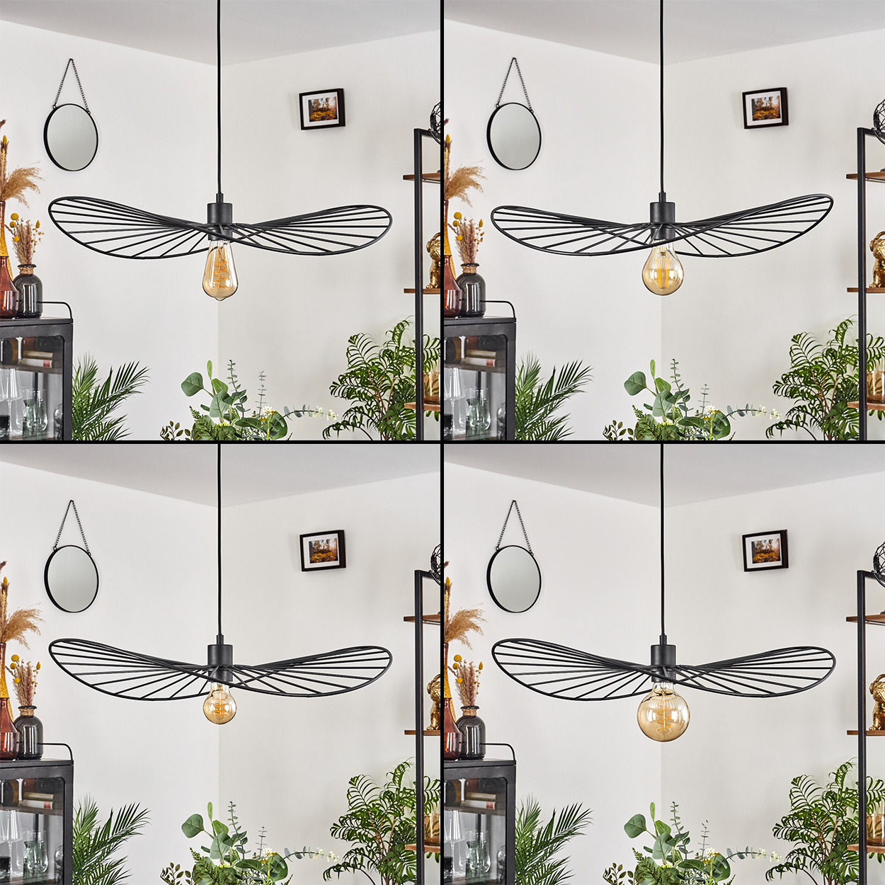 Ein modernes Zimmer mit einer einzigartigen schwarzen Deckenlampe, Pflanzen, einem Spiegel und einem kleinen Bild an der Wand.